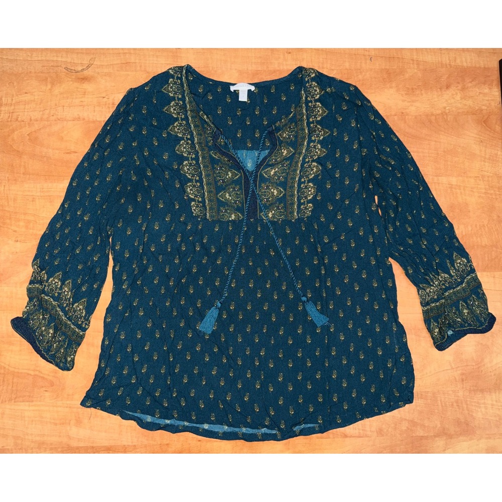 Garnet Hill Teal Blue‎ Boho Paisley Embroidered Tassel Peasant Blouse Top Size 8